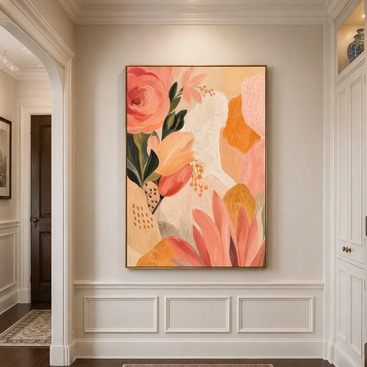 Warm Abstract Floral Wall Art with Peonies Tulips & Geometric Shapes Soft Pink Beige Orange Green Botanical Print for Modern Home Decor