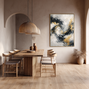 Luxury Black White Gold & Light Grey Abstract Textured Wall Art - Modern Swirling Metallic Impasto Canvas Artwork with Bold Knife/Brush Marks for Contemporary Home Decor, Office, Living Room, Bedroom, Dining Room & Hallway