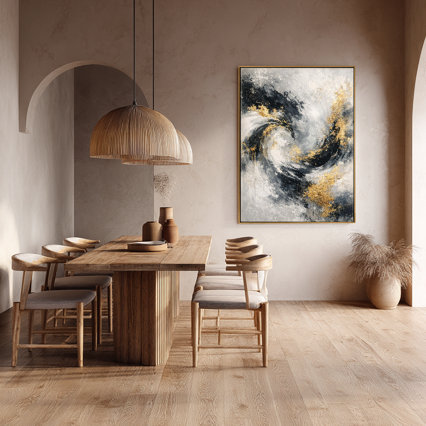 Luxury Black White Gold & Light Grey Abstract Textured Wall Art - Modern Swirling Metallic Impasto Canvas Artwork with Bold Knife/Brush Marks for Contemporary Home Decor, Office, Living Room, Bedroom, Dining Room & Hallway
