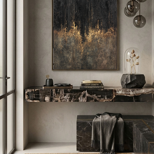 Moody Black Dark Grey Brown Gold Abstract Textured Wall Art Modern Dark Minimalist Impasto Canvas Painting for Contemporary Office Hallway Dining Room Bedroom Living Room Decor