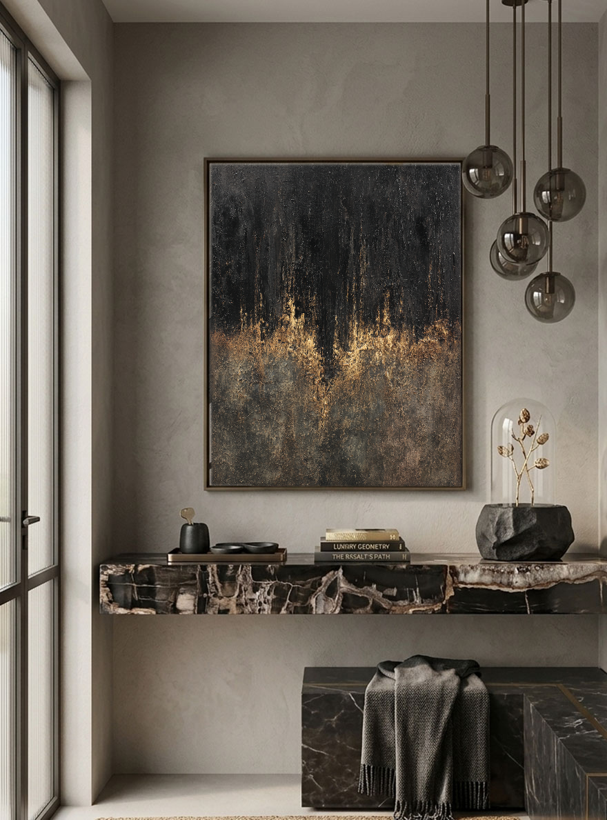 Moody Black Dark Grey Brown Gold Abstract Textured Wall Art Modern Dark Minimalist Impasto Canvas Painting for Contemporary Office Hallway Dining Room Bedroom Living Room Decor