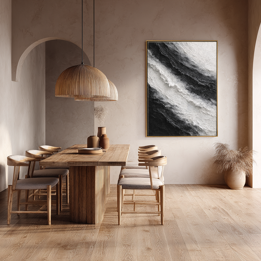 Black and White Abstract Diagonal Wave Textured Impasto Wall Art, Modern Monochrome Contrast Thick Knife Brush Stacked Painting, Minimalist Contemporary Handcrafted Decor for Interior Spaces