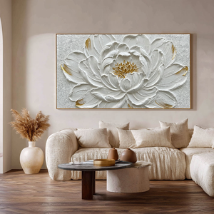 Elegant White Gold 3D Textured Flower Wall Art, Framed Impasto Floral Canvas Artwork for Living Room Bedroom Dining Room Hallway Office Modern Home Decor