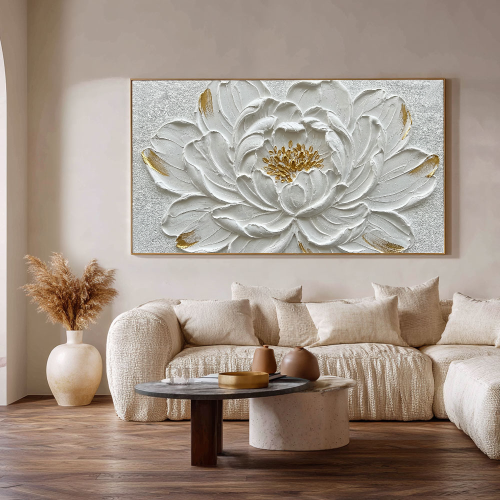 Elegant White Gold 3D Textured Flower Wall Art, Framed Impasto Floral Canvas Artwork for Living Room Bedroom Dining Room Hallway Office Modern Home Decor