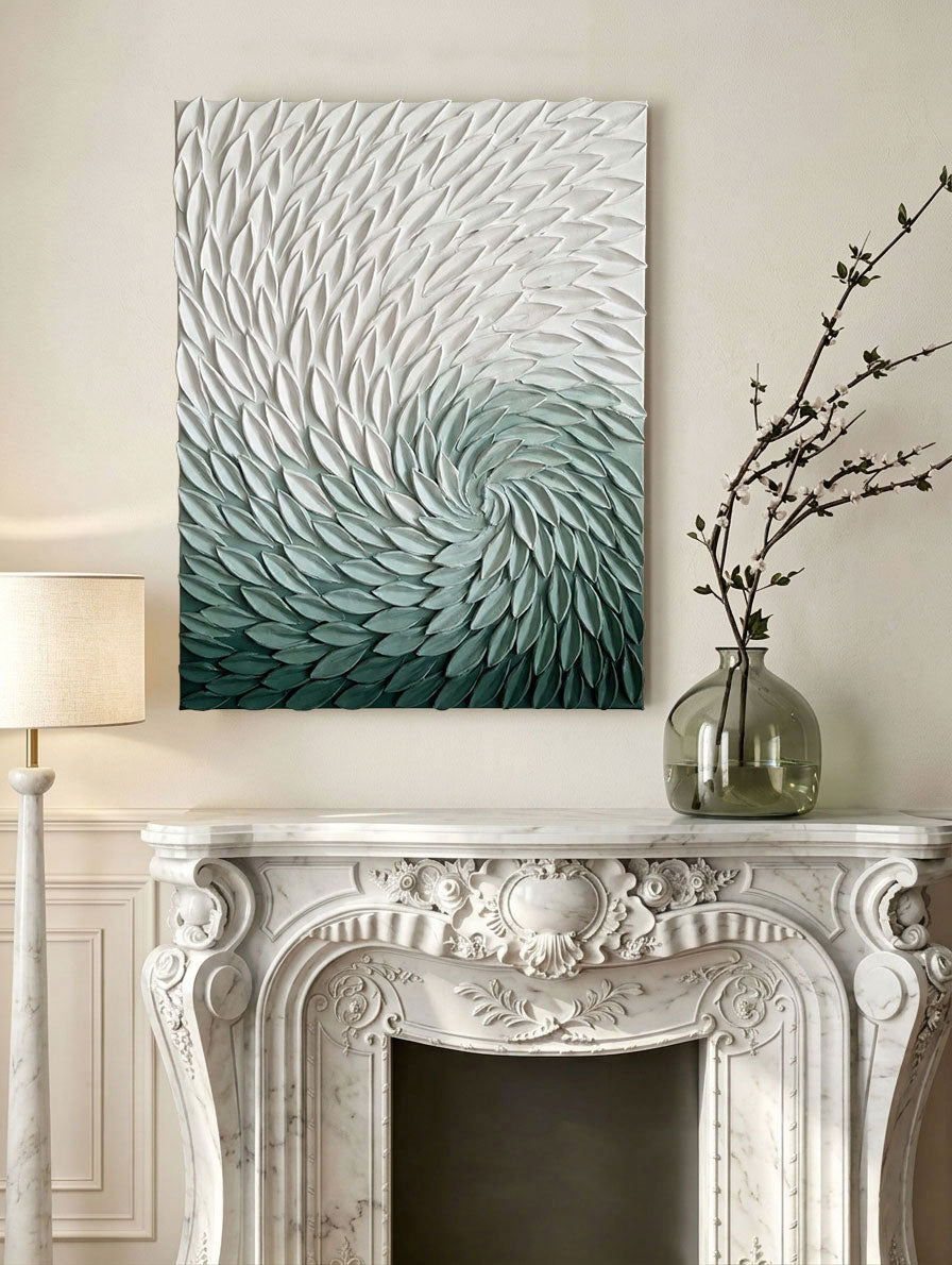 3D Green White Spiral Abstract Textured Wall Art Modern Minimalist Thick Relief Plume Leaf-like Decor for Home Office Dining Bedroom Living Room Hallway Large Canvas Unframed Contemporary Artwork