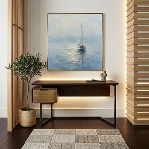 Serene Sailboat at Dawn Coastal Framed Impasto Wall Art, Soft Blue White Beige Gold Nautical Ocean Landscape Painting, Textured Calm Sea Decor for Home Living Room Bedroom Office Dining Room Hallway
