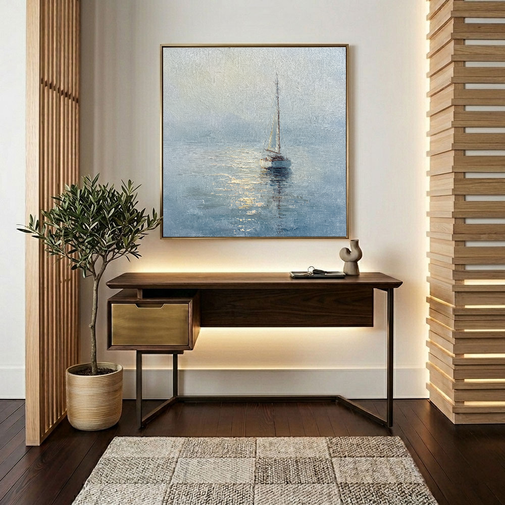 Serene Sailboat at Dawn Coastal Framed Impasto Wall Art, Soft Blue White Beige Gold Nautical Ocean Landscape Painting, Textured Calm Sea Decor for Home Living Room Bedroom Office Dining Room Hallway