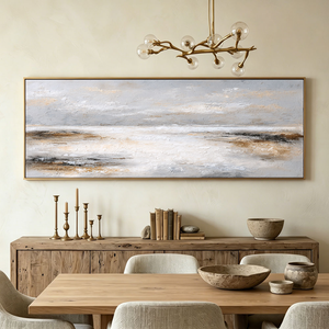 Abstract Neutral Toned Textured Seascape Impasto Wall Art, Large Panoramic Soft Grey White Beige Brown Coastal Canvas Artwork, Modern Minimalist Living Room Bedroom Decor, Framed Horizontal Painting