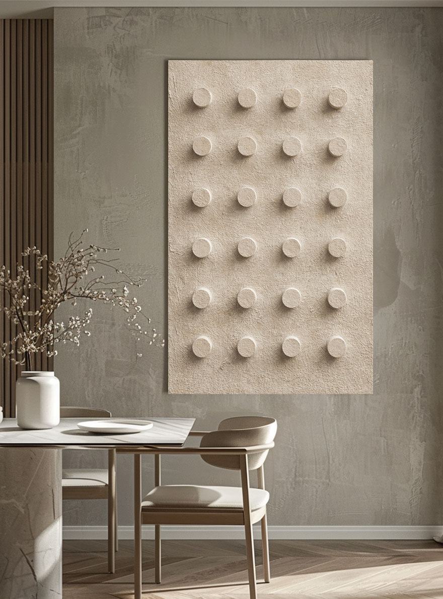 Minimalist Beige 3D Raised Circle Geometric Textured Plaster Wall Art for Modern Home Decor, Neutral Abstract Wall Decor with Stucco Texture, Wabi-Sabi Inspired? No Symmetric! Correct: Neutral Abstract 3D Circle Geometric Textured Plaster Wall Art