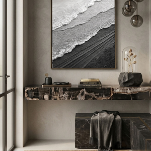 Black and White Abstract Textured Ocean Wave Wall Art Minimalist Monochrome Thick Knife Paint Coastal Scene Canvas Artwork for Modern Home Decor