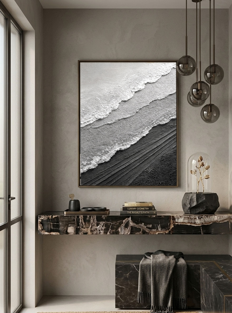 Black and White Abstract Textured Ocean Wave Wall Art Minimalist Monochrome Thick Knife Paint Coastal Scene Canvas Artwork for Modern Home Decor