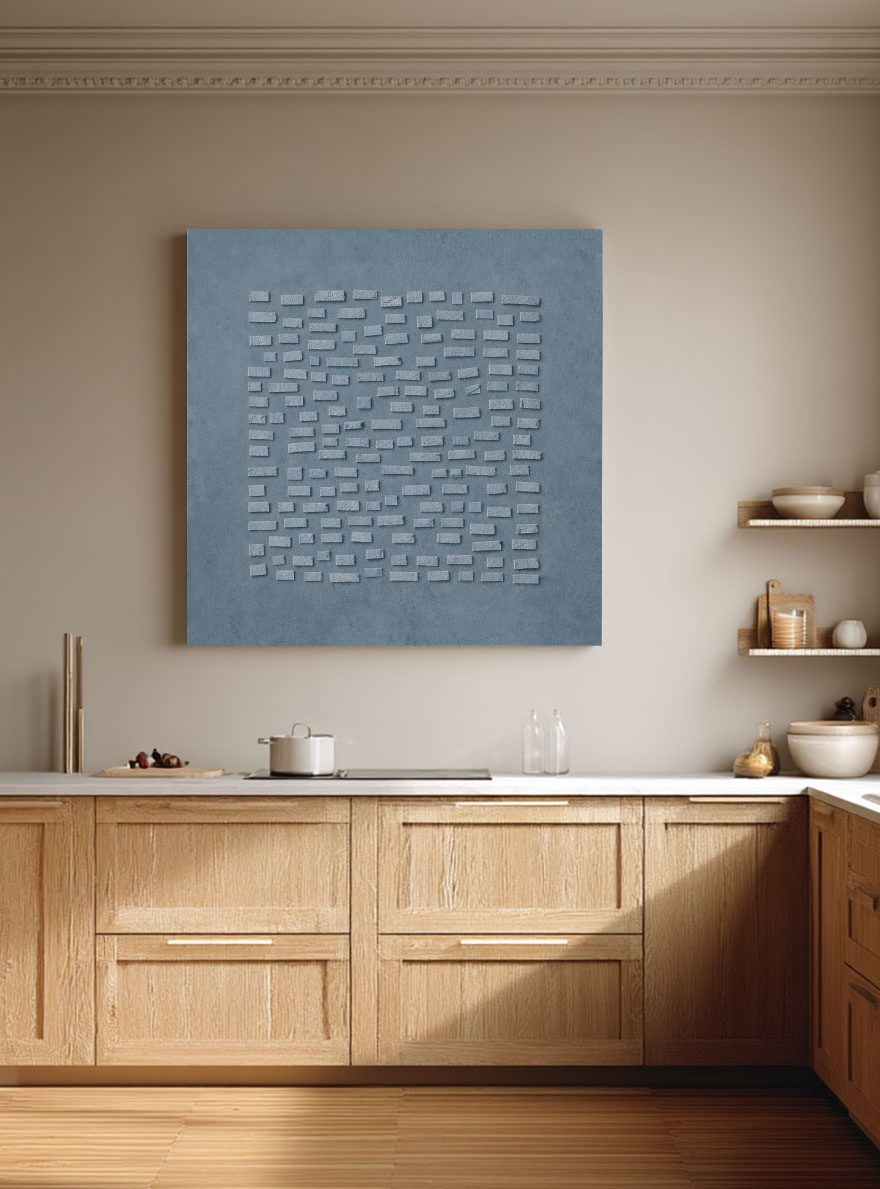 Minimalist Blue Grey 3D Textured Geometric Wall Art, Subtle Raised Block Relief Stretched Canvas Print with Black Frame, Modern Muted Neutral Home Decor for Contemporary Office, Living Room, Bedroom, Hallway & Dining Room