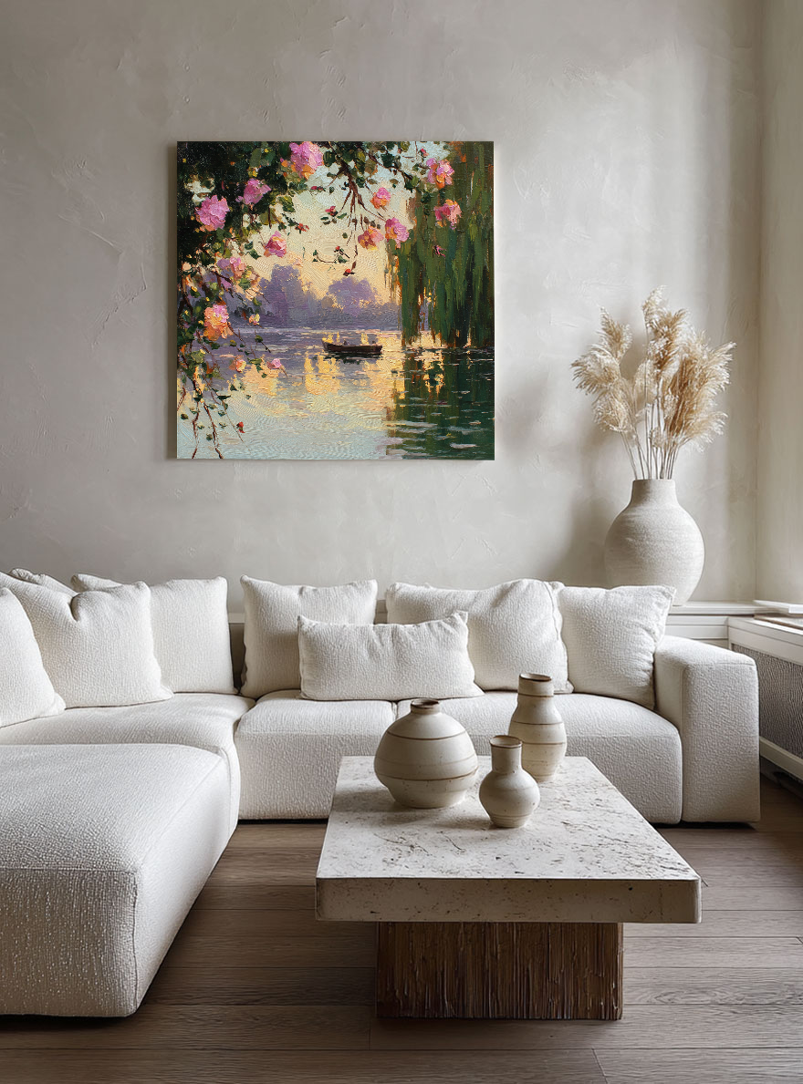 Textured Floral Wall Art | Impressionist Sunset Lake Hand-Painted Canvas