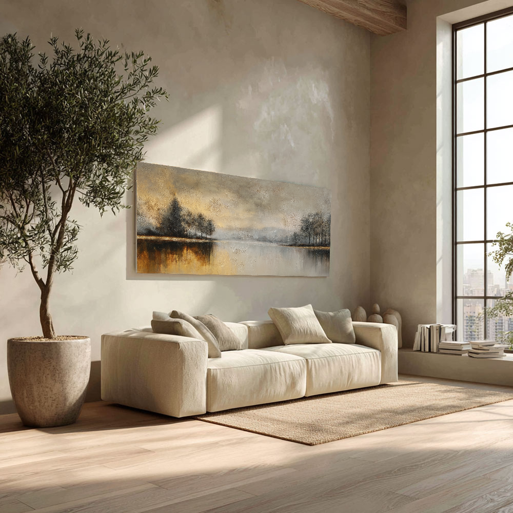 Vintage Landscape Painting of Misty Lake and Trees - Hand-Painted