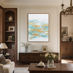 Abstract Turquoise White Gold Textured Contemporary Vertical Wall Art for Living Room