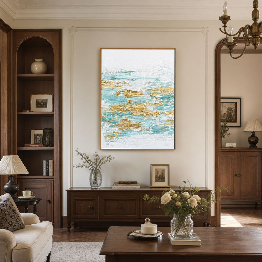 Abstract Turquoise White Gold Textured Contemporary Vertical Wall Art for Living Room
