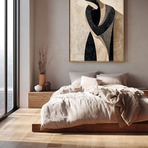 Modern Abstract Geometric Portrait Black Beige Medium Grey Figure Textured Canvas Wall Art Neutral Minimalist Figurative Artwork for Home Office Living Room Bedroom Decor