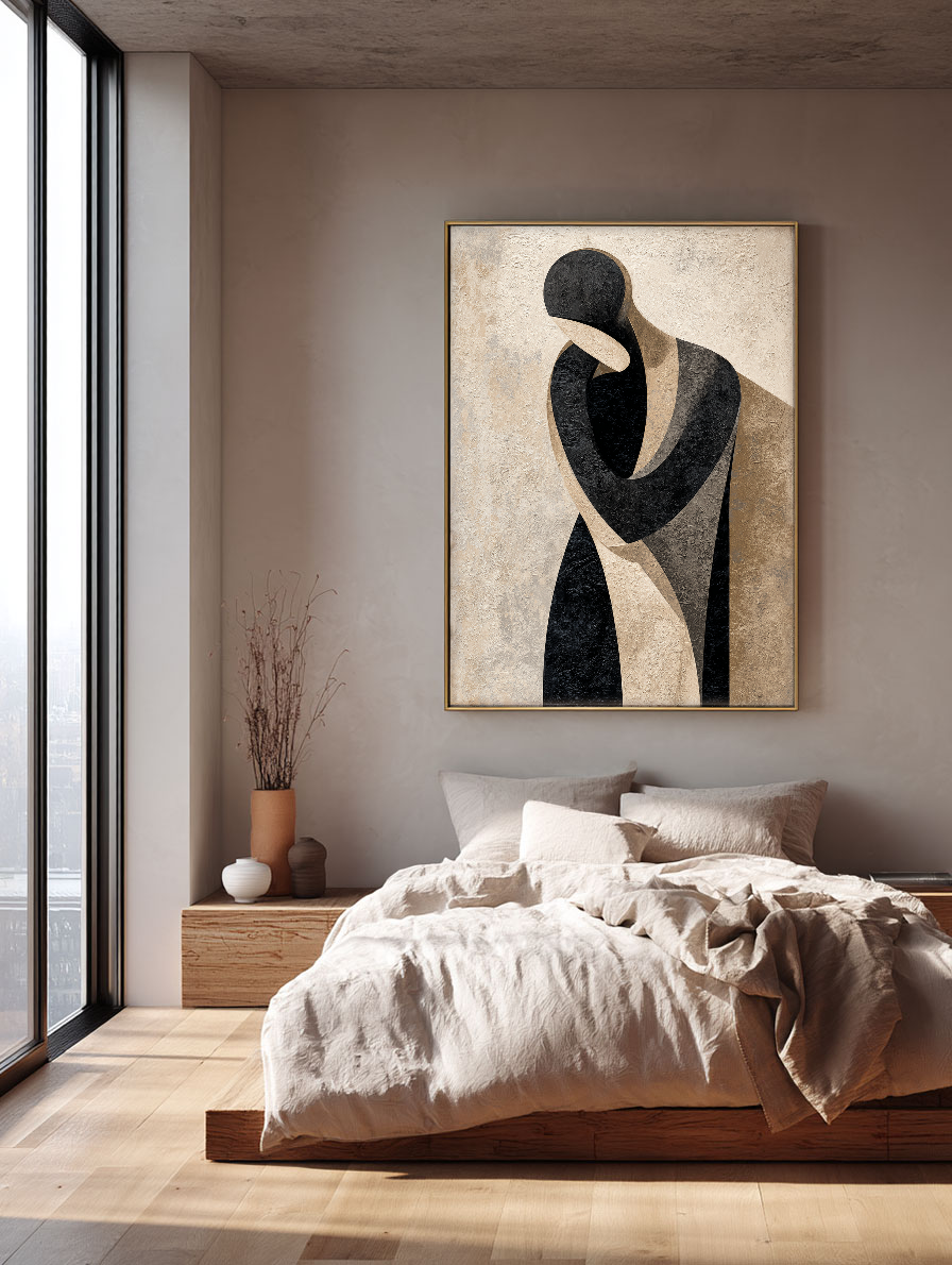 Modern Abstract Geometric Portrait Black Beige Medium Grey Figure Textured Canvas Wall Art Neutral Minimalist Figurative Artwork for Home Office Living Room Bedroom Decor