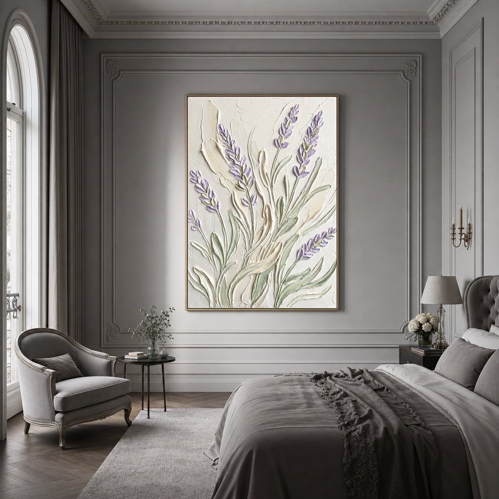 Textured Flower and Tree Soft Purple Cream Muted Green Acrylic-Style Vertical Wall Art for Bedroom