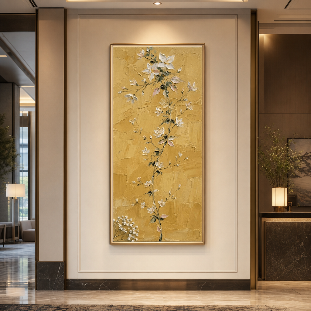 Golden Mustard Floral Vine with Impasto Texture in hallway