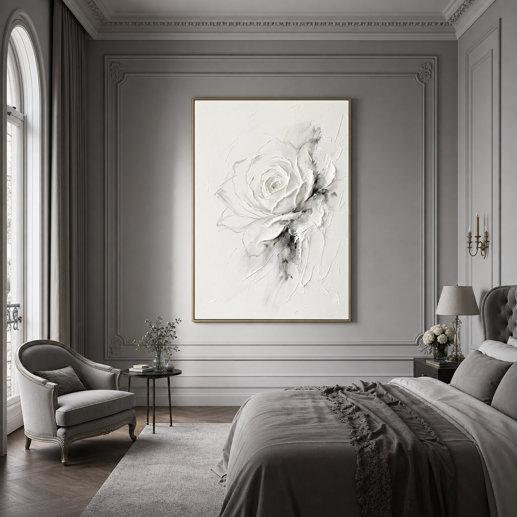 White Gray Abstract Flower Plaster Texture Vertical Wall Art for Bedroom Living Room
