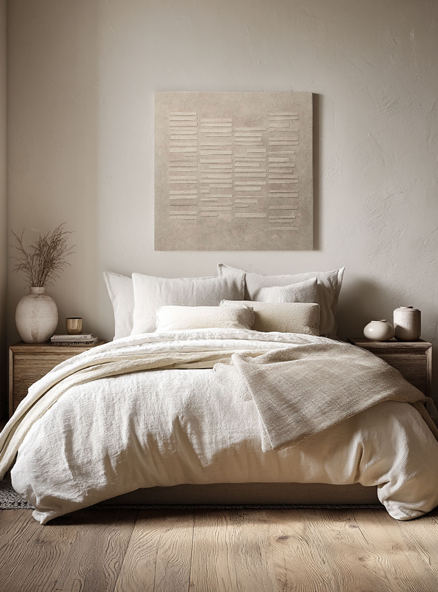 Minimalist Neutral Beige Light Grey Geometric Line Textured Plaster Abstract Square Wall Art for Modern Minimal Living Spaces