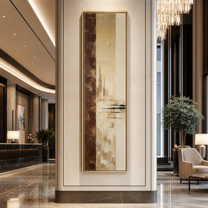 Minimalist Beige Brown Gold Abstract Textured Framed Canvas Wall Art, Vertical Large Size Modern Warm Earthy Tone Impasto Knife Painting for Living Room Bedroom Office Hallway Dining, Soft Moonlit Skyline Scene Artwork