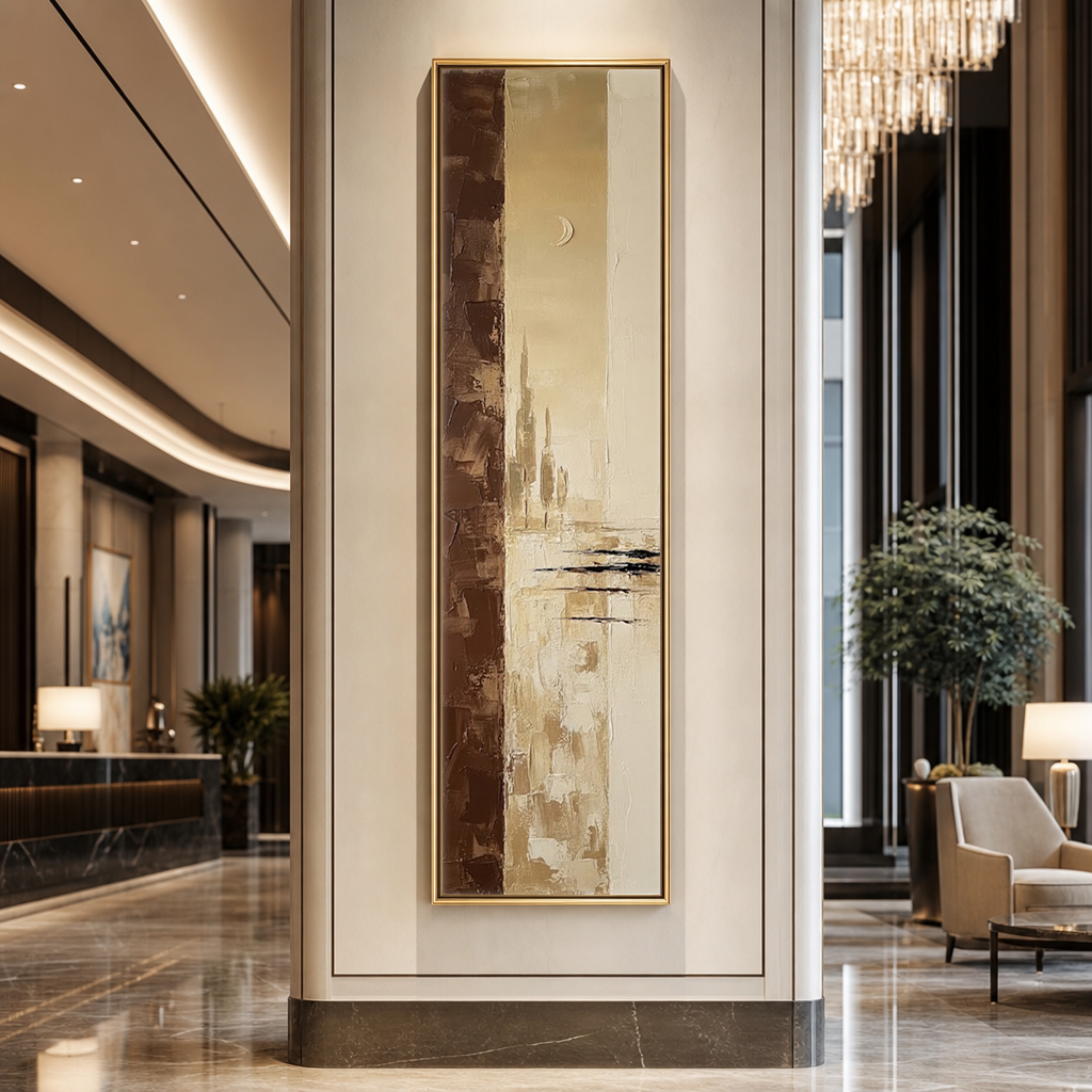 Minimalist Beige Brown Gold Abstract Textured Framed Canvas Wall Art, Vertical Large Size Modern Warm Earthy Tone Impasto Knife Painting for Living Room Bedroom Office Hallway Dining, Soft Moonlit Skyline Scene Artwork