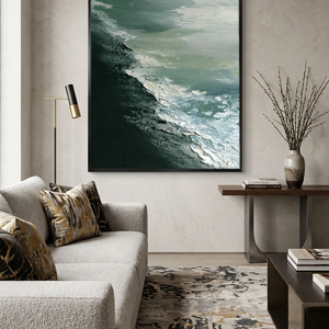 Abstract Coastal Ocean Wave Black Sand Beach Thick Impasto Textured Canvas Wall Art Modern Minimalist Decor for Living Room Bedroom Office Hallway Dining Room