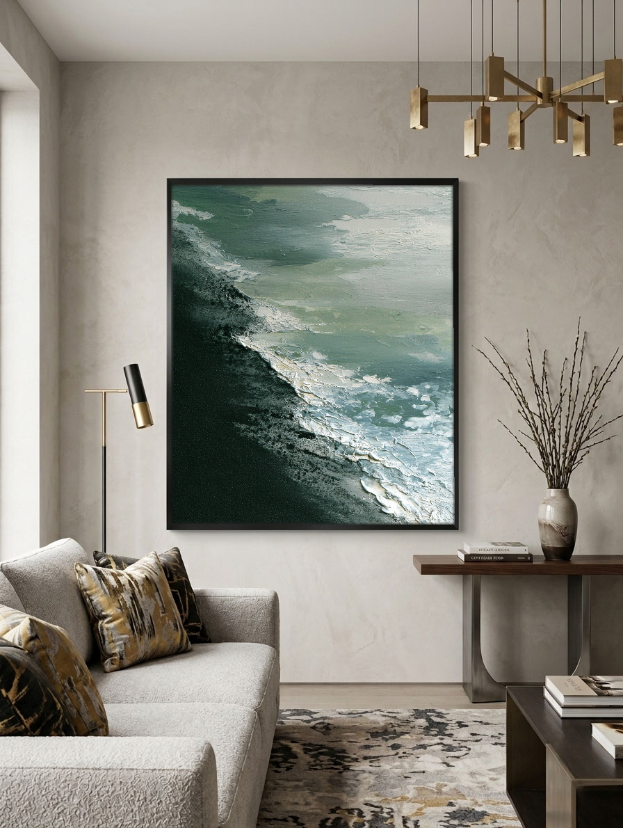 Abstract Coastal Ocean Wave Black Sand Beach Thick Impasto Textured Canvas Wall Art Modern Minimalist Decor for Living Room Bedroom Office Hallway Dining Room