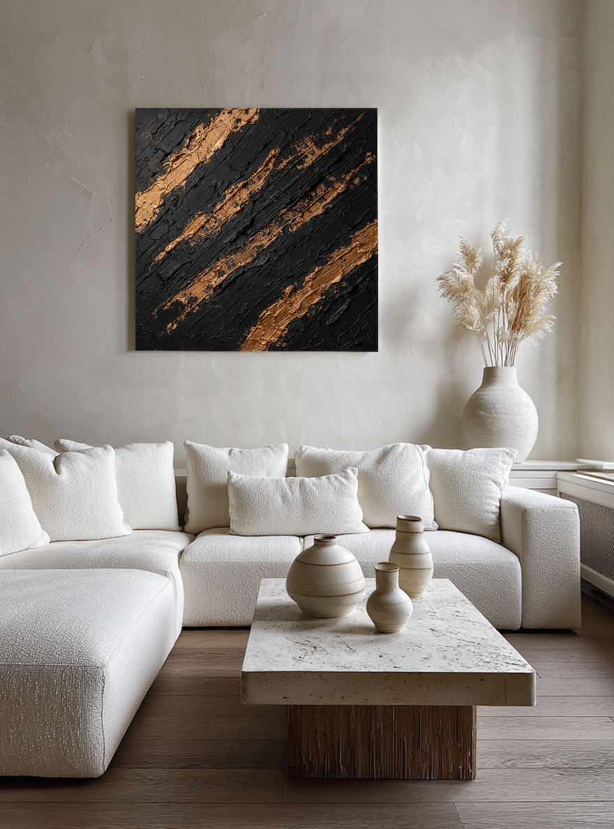 Black and Gold Abstract Impasto Textured Wall Art, Luxury Thick Paint Stacking Knife Marks Diagonal Lines Artwork, Modern Minimalist Canvas Decor for Office Hallway Dining Room Bedroom Living Room