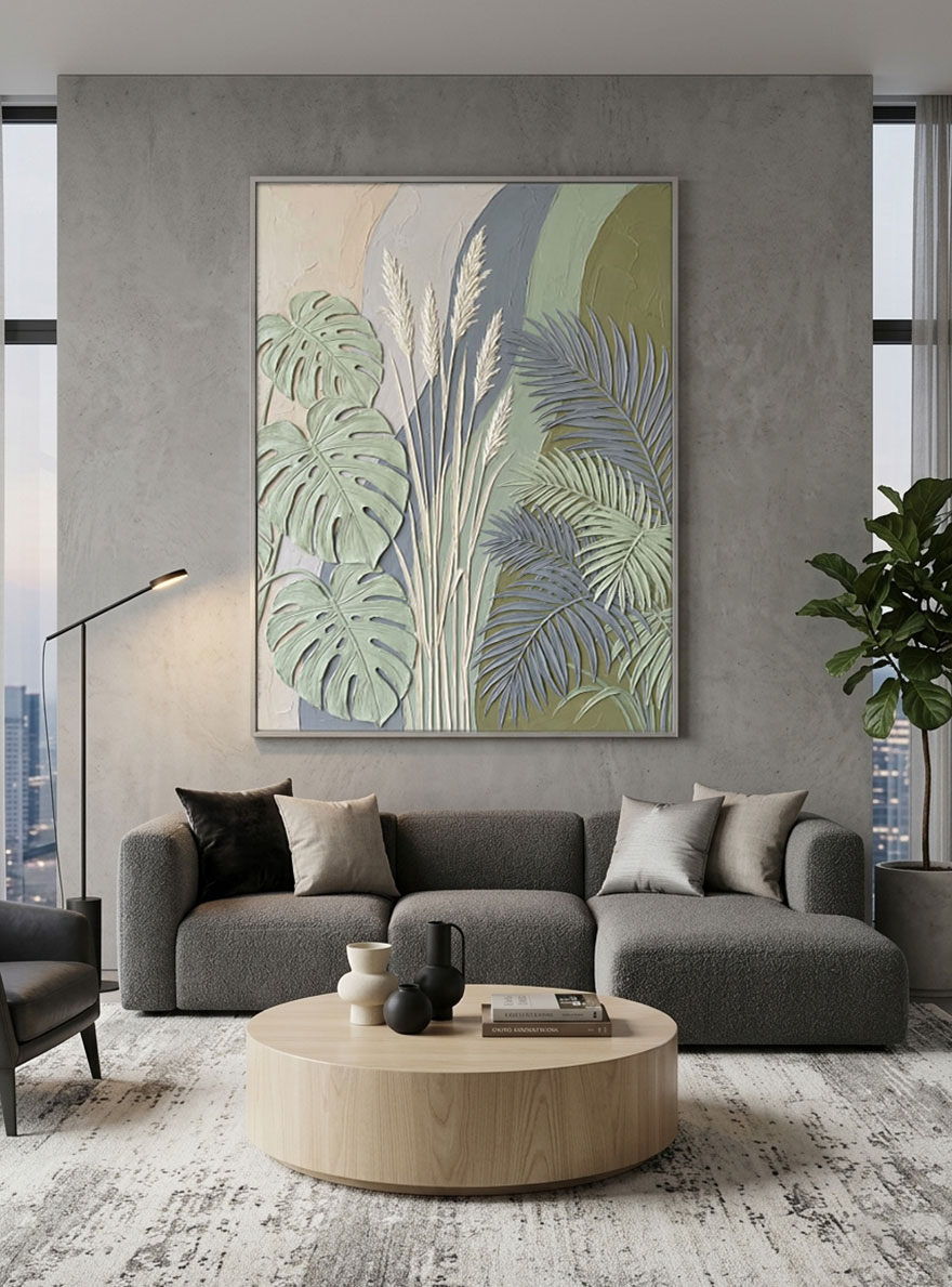 Elegant Tropical Botanical Textured 3D Relief Wall Art Featuring Monstera Palm Fronds Pampas Grass Muted Sage Olive Green Beige Medium Grey Curved Background Living Room Bedroom Dining Hallway Office Modern Nature Inspired Decor Piece