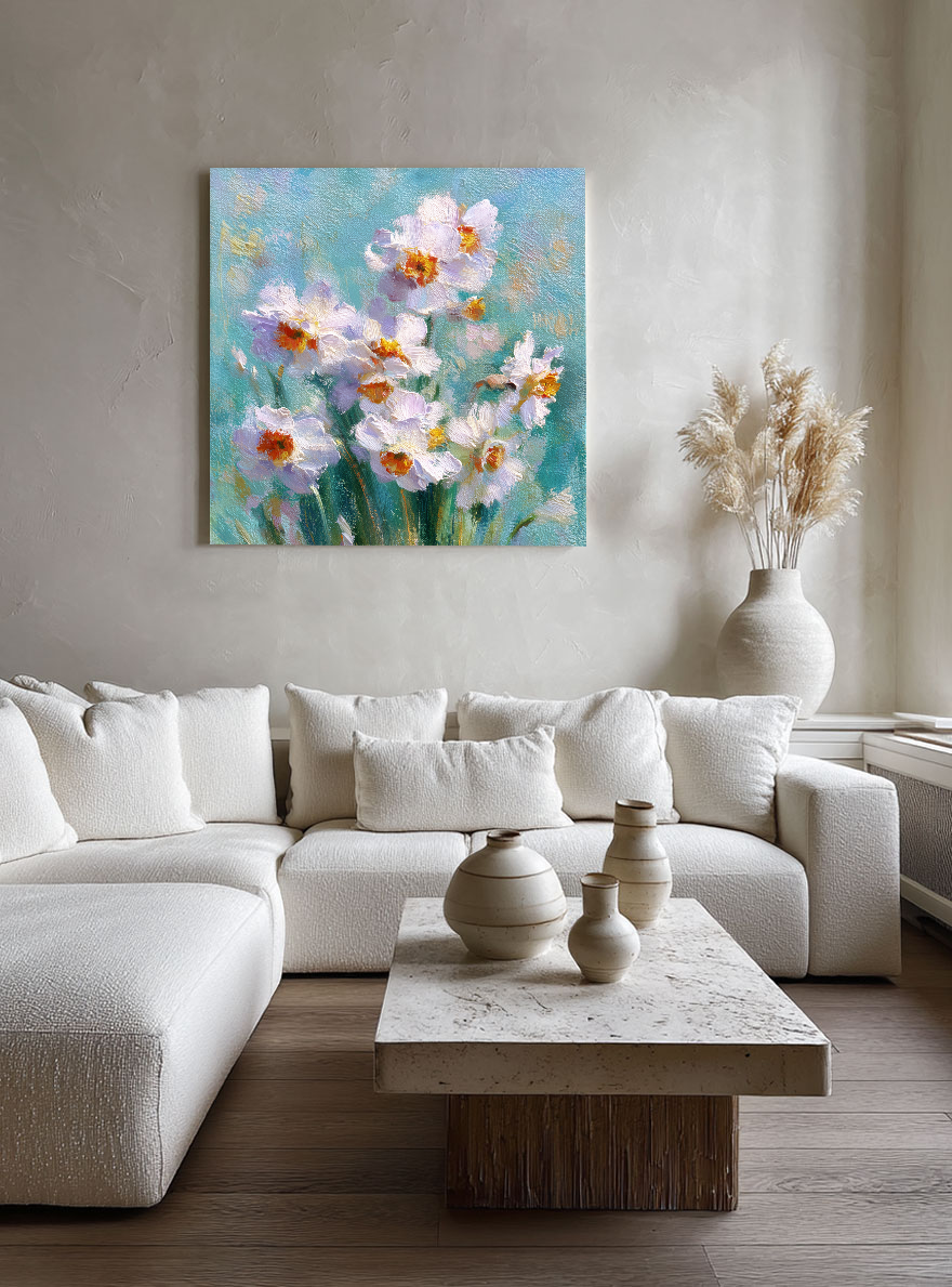 White Daffodils Flower Impasto Oil Painting on Canvas, Turquoise Blue Background Textured Floral Wall Art, Modern Living Room Bedroom Home Decor