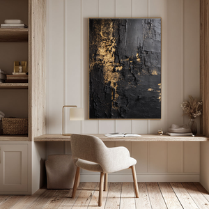 Modern Black and Gold Abstract Textured Wall Art, Thick Impasto Dark Luxury Canvas Painting, Heavy Knife Marks Bold Gold Accent Details Monochrome Rich Tone Artwork for Living Room Bedroom Office Dining Room Hallway