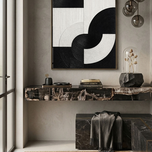 Modern Black and White Geometric Abstract Textured Wall Art, High Contrast Minimalist Block and Curve Design, Thick Monochrome Raised Canvas Artwork for Living Room Bedroom Office Dining Room Hallway