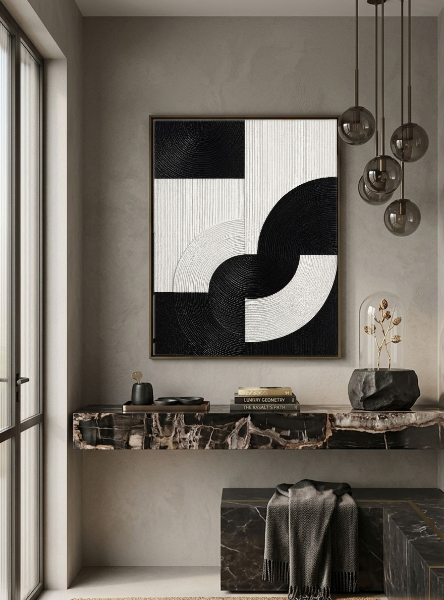 Modern Black and White Geometric Abstract Textured Wall Art, High Contrast Minimalist Block and Curve Design, Thick Monochrome Raised Canvas Artwork for Living Room Bedroom Office Dining Room Hallway