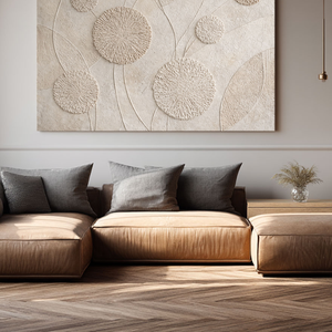 Minimalist Textured Beige White Abstract Floral Circular Lines Plaster Wall Art for Modern Neutral Living Room Bedroom Hallway Office Dining Room Interiors