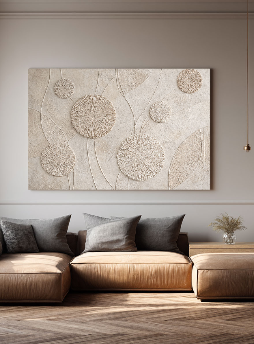 Minimalist Textured Beige White Abstract Floral Circular Lines Plaster Wall Art for Modern Neutral Living Room Bedroom Hallway Office Dining Room Interiors