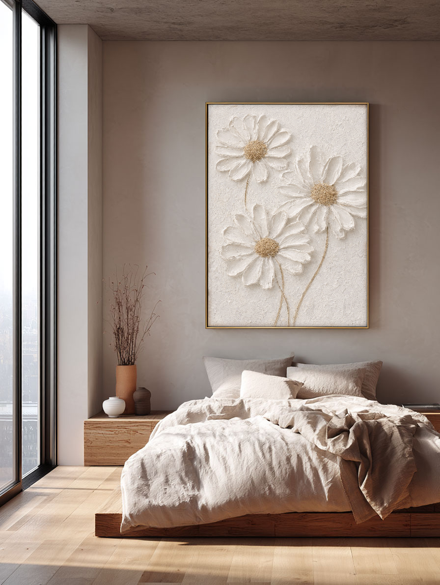 White Daisy 3D Textured Impasto Wall Art, Neutral Beige & White Floral Minimalist Artwork, Modern Farmhouse Plaster-Inspired Living Room Bedroom Decor