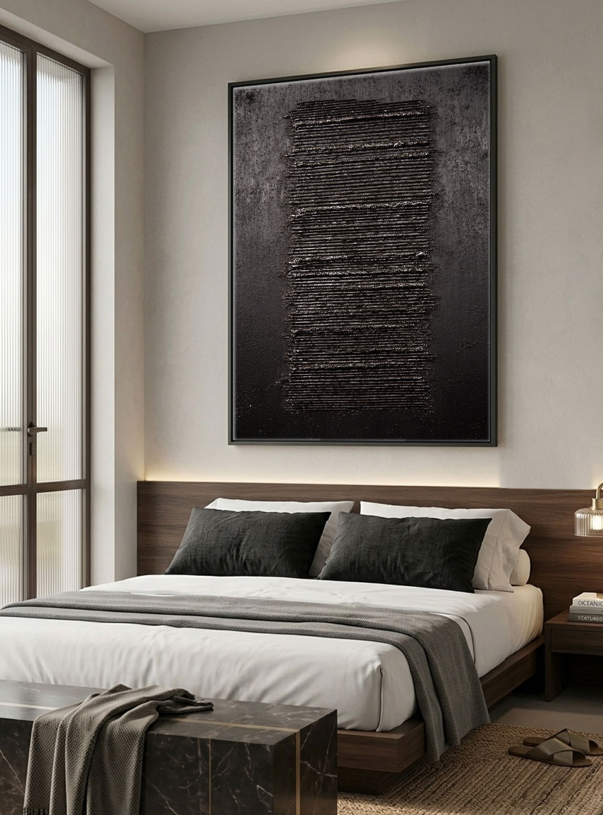 Minimalist Dark Abstract Geometric Textured Wall Art - Modern Monochrome Impasto Black Grey Vertical Line Artwork for Contemporary Living Room Office Bedroom Decor