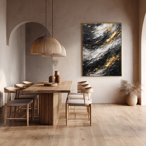 Modern Abstract Black White Gold Thick Impasto Textured Wall Art, Luxury Contemporary Dark Light Contrast Canvas Artwork, Minimalist Yet Glam Living Room Bedroom Office Dining Hallway Decor Painting