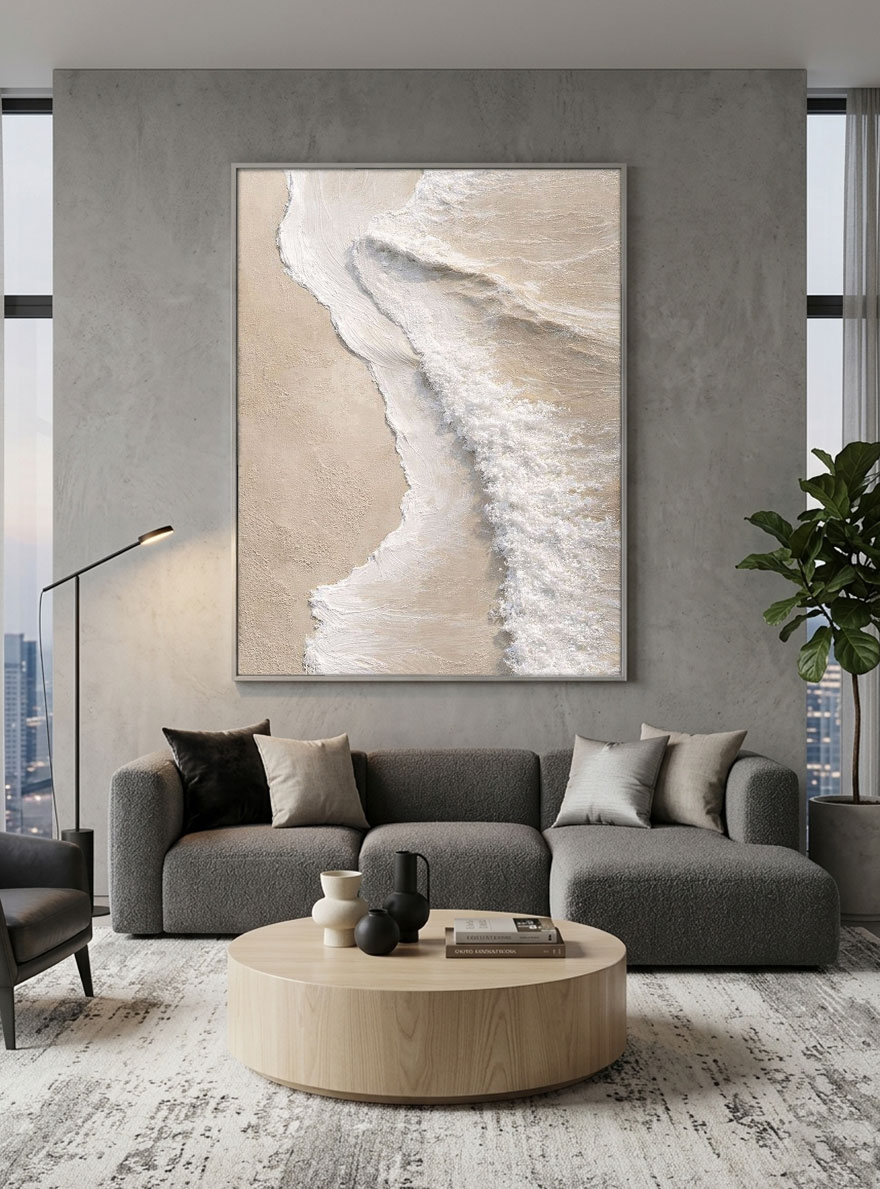 Minimalist Neutral Textured Ocean Beach Wave Canvas Wall Art, Thick Paint Impasto Coastal Landscape Artwork for Modern Home, Beige White Soft Tones Abstract Painting for Living Room Bedroom Office Decor