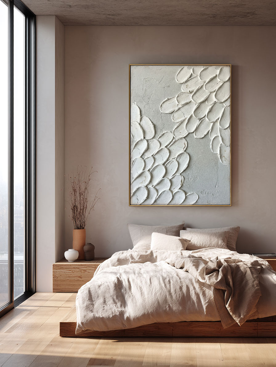 Minimalist Abstract Organic Textured Wall Art, Thick White Impasto Petal Scale Forms on Soft Light Grey Canvas Base, Modern Neutral Non-Representational Home Decor, 3D Brush Stroke Detail, Office, Living Room, Bedroom Decor