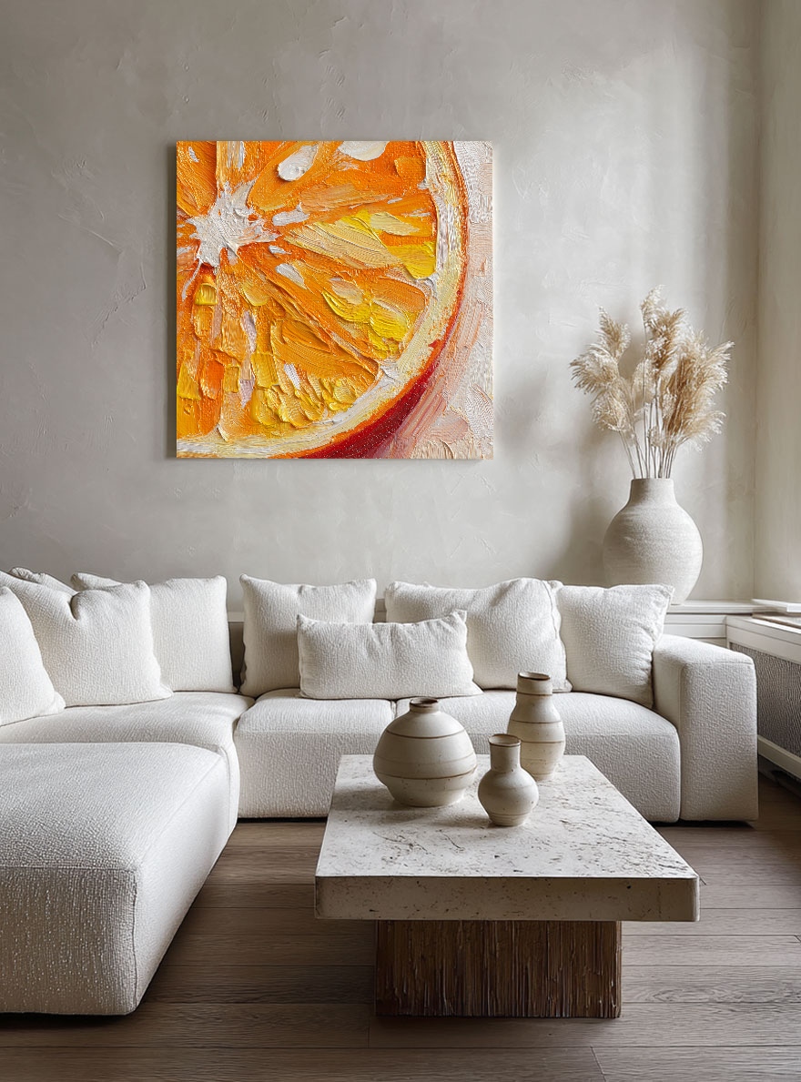 Vibrant Close-Up Orange Citrus Slice Impasto Wall Art Thick Textured Knife Brush Strokes Modern Colorful Abstract Fruit Painting for Kitchen Dining Living Room Bedroom Office Hallway