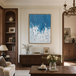 Abstract Geometry And Lines Blue White Textured Plaster-Style Vertical Wall Art For Living Room