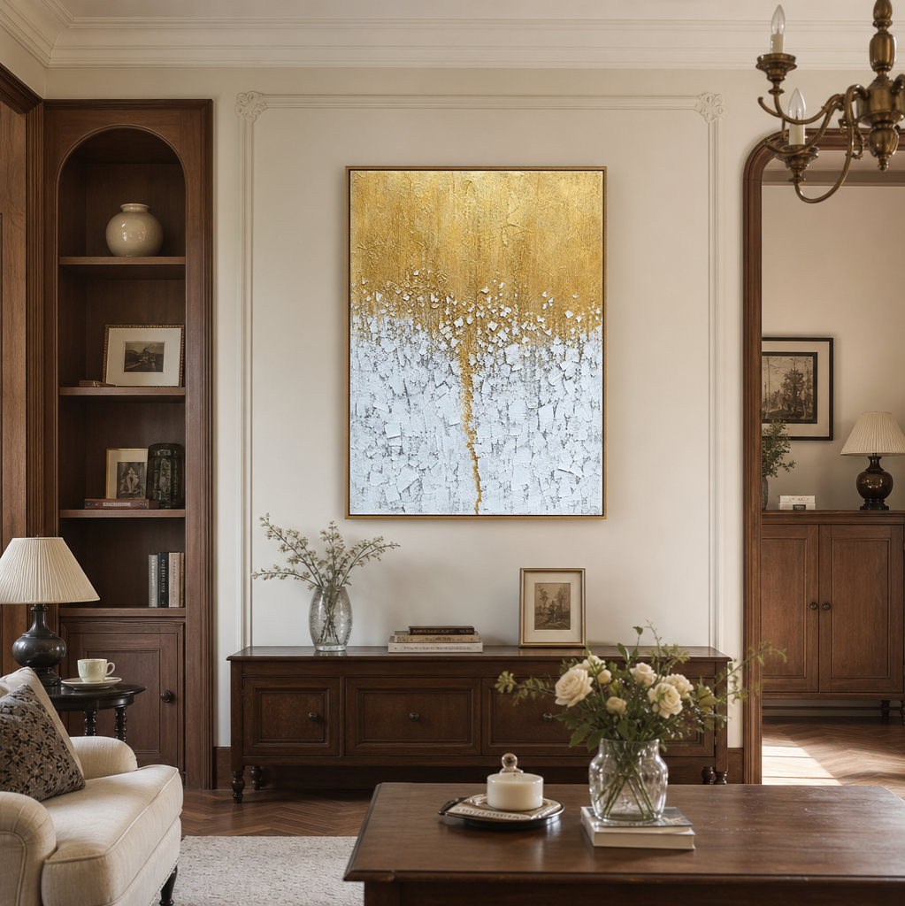 Gold And White Textured Abstract Vertical Wall Art For Living Room