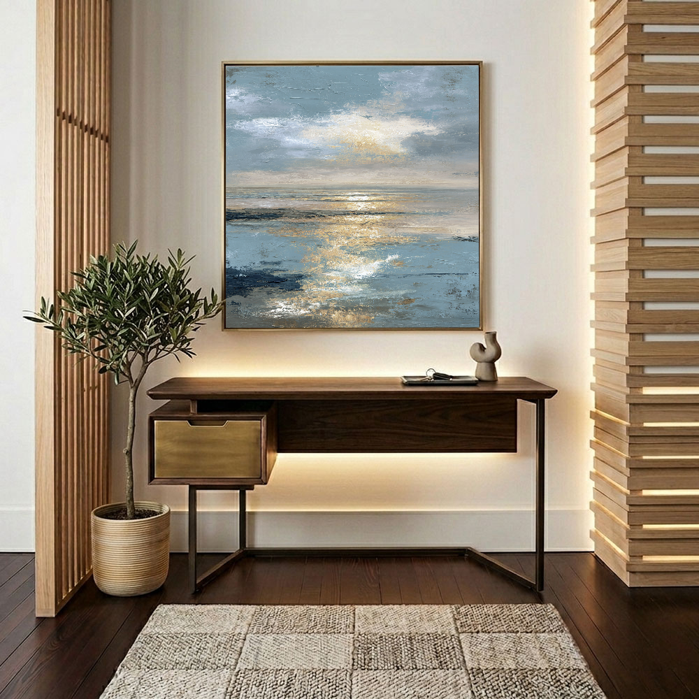 Abstract Textured Ocean and Sky Wall Art with Thick Impasto Brushstrokes, Serene Blue and Gold Seascape for Living Room Bedroom Dining Room Office Hallway, Vintage Coastal Landscape Artwork with Reflective Sunlight Waves