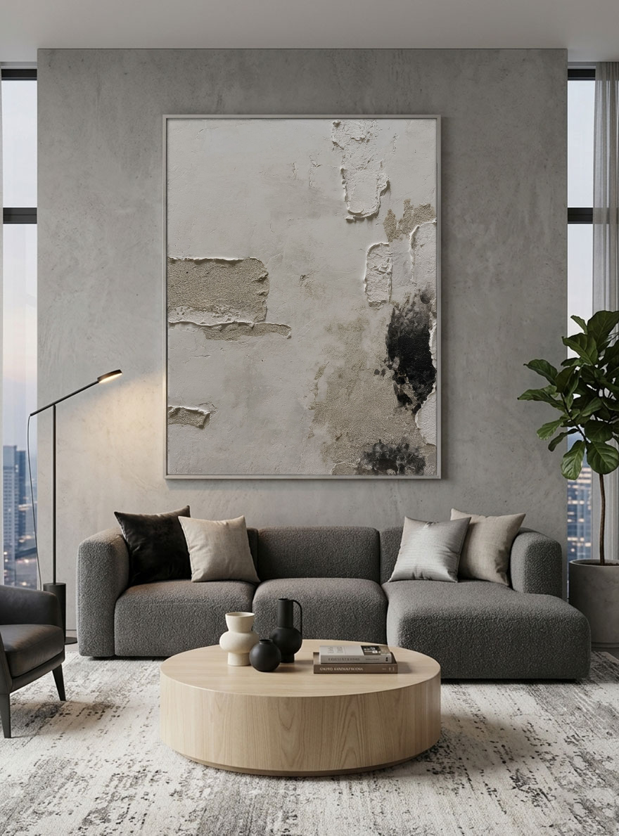 Minimalist Asymmetrical Wabi Sabi Abstract Textured Plaster Wall Art, Neutral Beige Black Dark Medium Grey Real Pigment Tones, Aged Worn Imperfect Texture, Modern Contemporary Boho Home Decor for Living Room Bedroom Office Dining Room Hallway