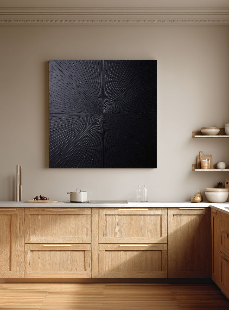 Minimalist Dark Grey Black Abstract Radiating Geometric Lines Textured Wall Art Modern Monochrome Knife Stroke Impasto for Contemporary Interiors Office Bedroom Living Room Dining Room Hallway Stylish Home Decor