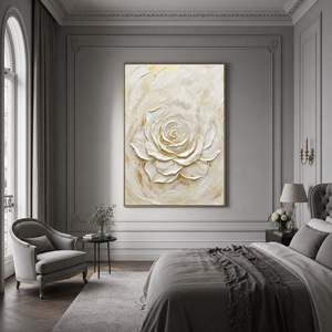 White and Gold Textured Rose Vertical Wall Art for Bedroom or Living Room